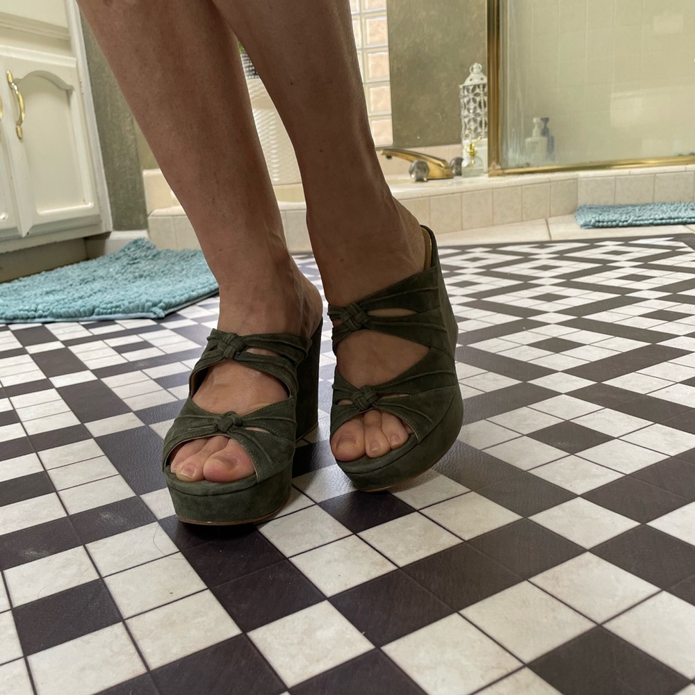 Platform sandals, olive green suede , leather